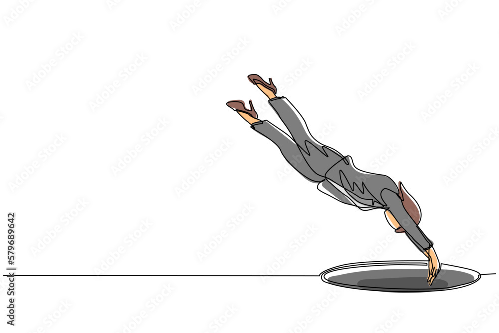 Poster continuous one line drawing businesswoman jump into hole. concept of failure to take advantage of bu