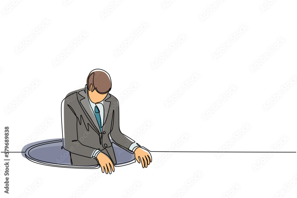 Poster continuous one line drawing businessman trying to get out of from hole, metaphor to facing big probl