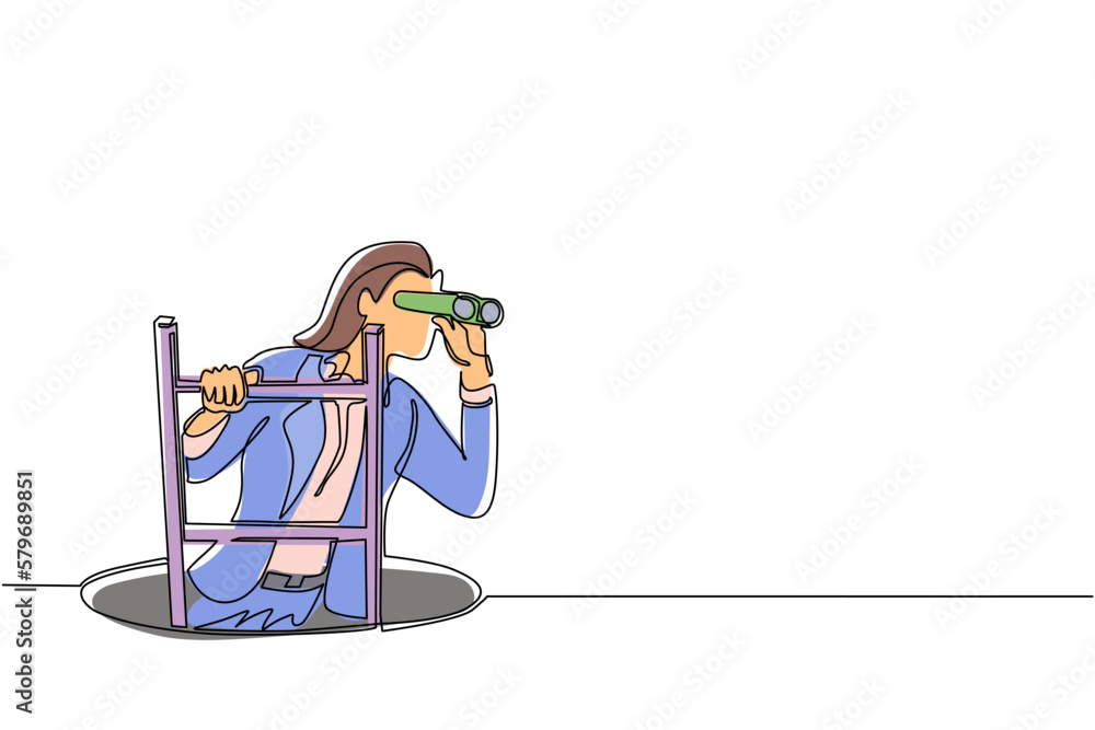 Poster continuous one line drawing businesswoman climbs out of the hole by ladder and using binocular. busi