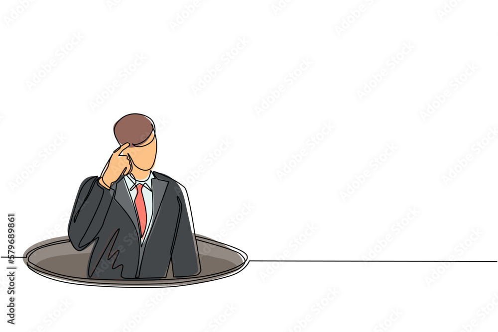 Poster single continuous line drawing confused businessman emerges from the hole. depressed and business fa
