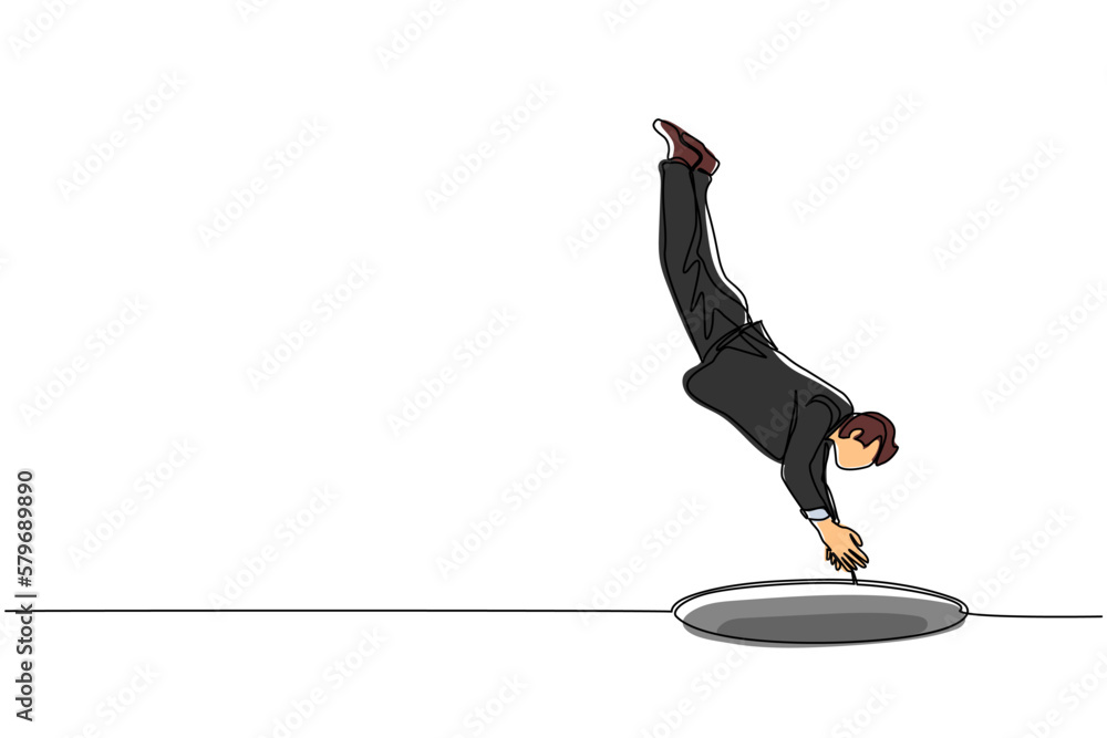 Poster single continuous line drawing businessman jump into hole. concept of failure to take advantage of b