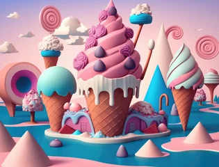 Fototapete Hell-pink Ice cream. Ice cream land. Fairy tale landscape made in ice cream, waffle cones, chocolate, candy and sweets. Generative ai illustration in cartoon 3d style