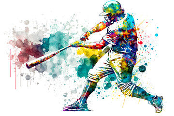 Fototapeta na wymiar Baseball Player with multicolored paint splash, isolated on white background. Neural network AI generated art
