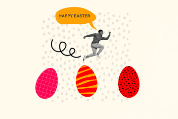 Colorful photo invitation card picture poster postcard collage of crazy man hurrying theme party event isolated on painted background