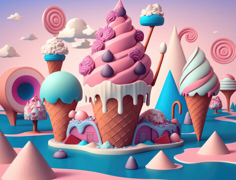 Ice cream. Ice cream land. Fairy tale landscape made in ice cream, waffle cones, chocolate, candy and sweets. Generative ai illustration in cartoon 3d style