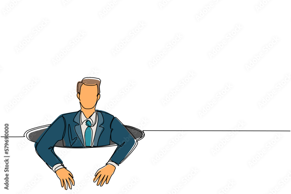 Poster single continuous line drawing businessman trying to get out of from hole, metaphor to facing big pr