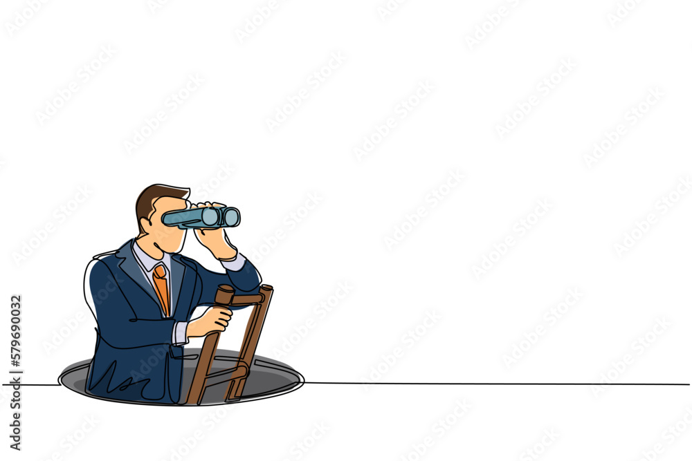 Poster single one line drawing businessman climbs out of the hole by ladder and using binocular. business v
