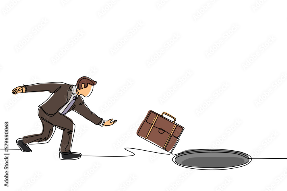 Poster single continuous line drawing businessman throws briefcase into hole. failure to take advantage of 