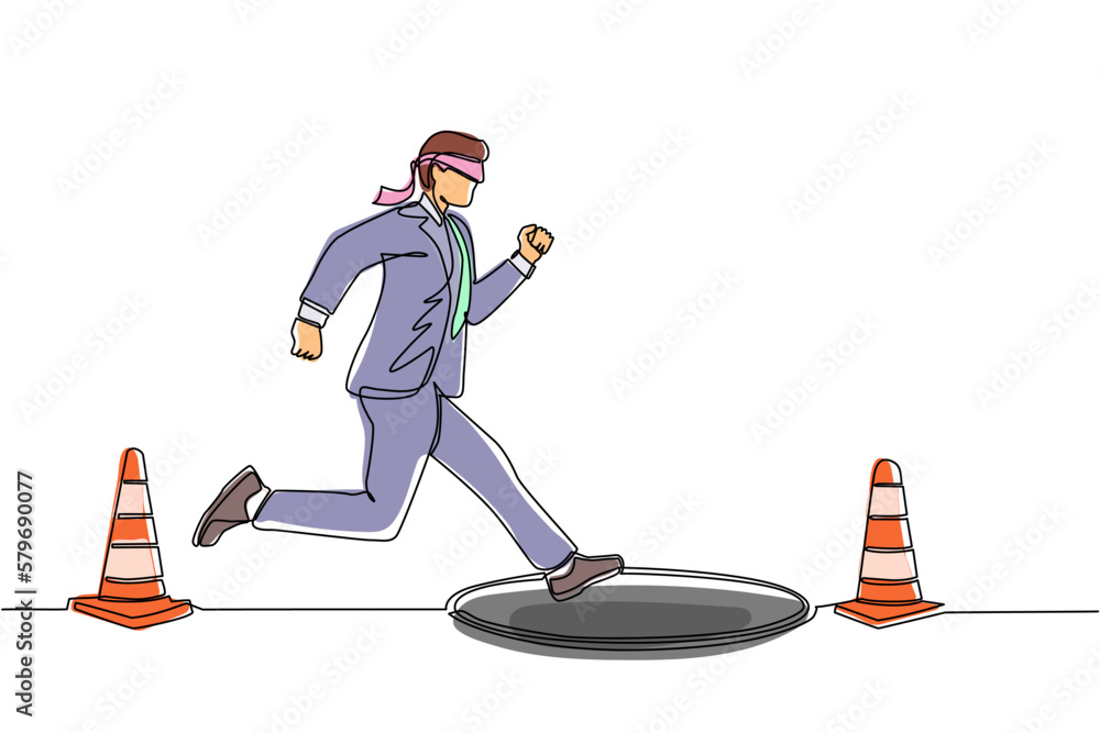 Poster continuous one line drawing blindfolded businessman running to find money with pit hole. man runs to