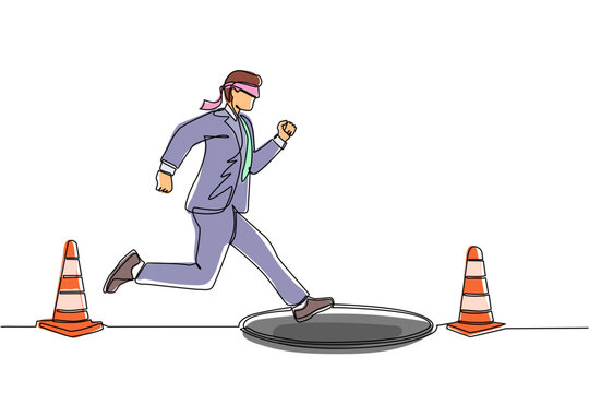 Continuous One Line Drawing Blindfolded Businessman Running To Find Money With Pit Hole. Man Runs To Business Trap. Blind Investment Concept. Metaphor. Single Line Design Vector Graphic Illustration