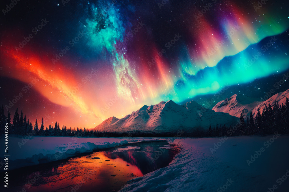 Canvas Prints the aurora borealis lights up the sky over mountain range. generative ai.