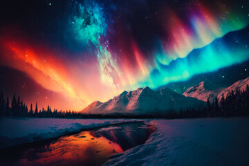 The aurora borealis lights up the sky over mountain range. Generative AI.