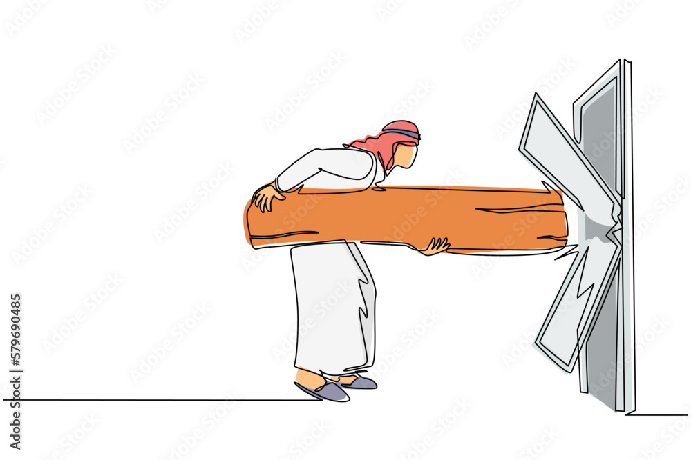 Poster continuous one line drawing arab businessman holding large log and destroying door. overcome challen