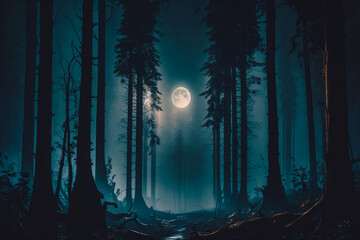 Dark forest with full moon in the background. Generative AI.