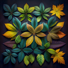 Group of colorful leaves on black background. Generative AI.