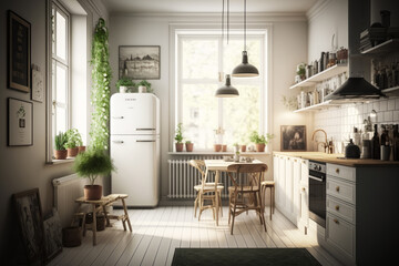 An image of kitchen with lots of plants. Generative AI.