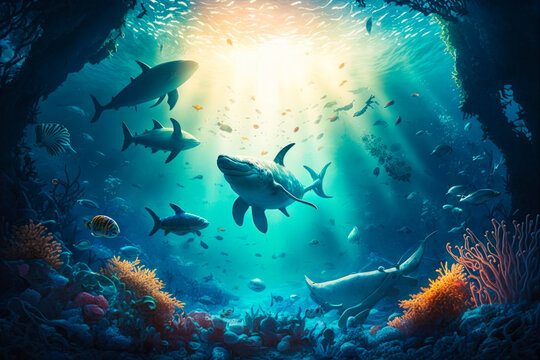 An underwater scene with sharks and rays. Generative AI.