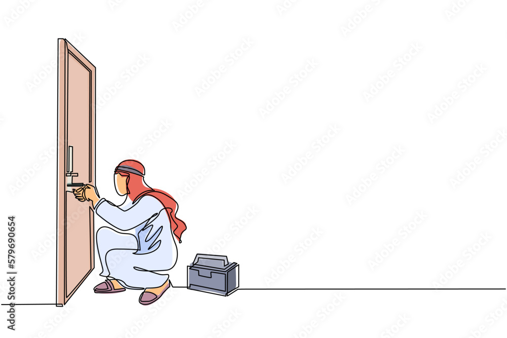 Poster continuous one line drawing arabian businessman prying doorknob with screwdriver. man repair broken 