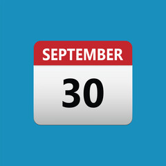 30th September calendar icon. September 30 calendar Date Month icon. Isolated on blue background