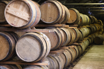 Oak barrels in a whiskey distillery
