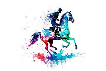 Plakat Race horse with jockey on watercolor splatter background. Neural network AI generated art