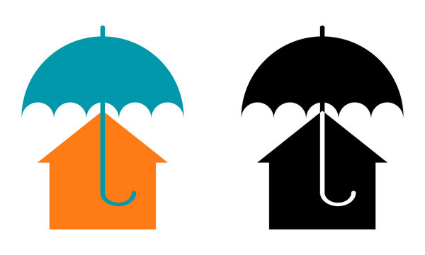 Set of color and black and white logos. House under an umbrella
