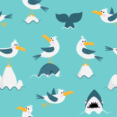 Cute seagulls, whale and shark pattern - funny vector drawing seamless marine pattern. Creative nautical blue background. Vector illustration