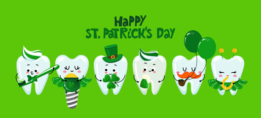 Happy saint Patrick’s Day - Tooth couple character design in kawaii style. Hand drawn Toothfairy with funny quote. Good for school prevention posters, greeting cards, banners, textiles.