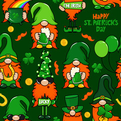 Saint Patrick's Day pattern with Irish leprechauns. Shenanigans lucky charm clover funny quote. Kiss me, I am Irish. Colorful print for poster, card, textiles, wallpaper, backgrounds.