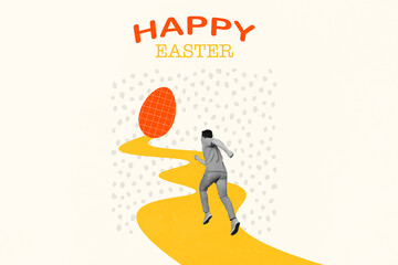 Creative artwork pop collage template of persistent young guy play festival easter game run fast achieve big egg