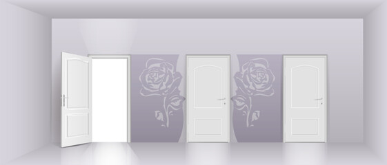 The interior of an empty, bright room with a door.
Free space for copying, 3d vector image.