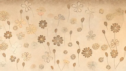 Different small wild flowers seamless faded drawing in vintage style on the beige background generative ai