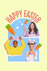 Fototapeta na wymiar Three cute diversity girls advertising Easter costumes shop store preparing party family meeting gathering artwork card picture collage