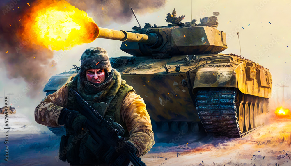 Aufkleber man with gun and tank in front of him. generative ai.