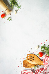 Ingredients for cooking. Food background with herbs and vegetables. Top view, vertical.