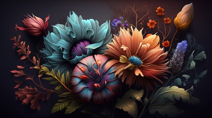 A drawn bouquet of beautiful abstract colorful flowers on dark background close-up illustration generative ai