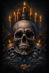 Gothic Skull Surrounded by a Sea of Candles - Dark and Moody Artwork Skull PNG | AI Generated
