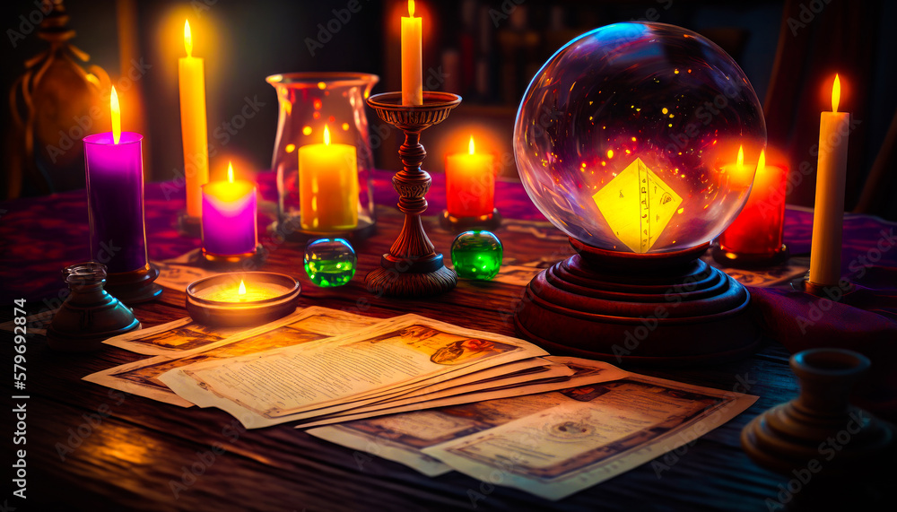 Poster an image of table with candles and crystal ball. generative ai.