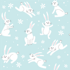 Easter bunny trendy pattern. Minimalist holiday characters, cute stylized rabbits, vector illustration background