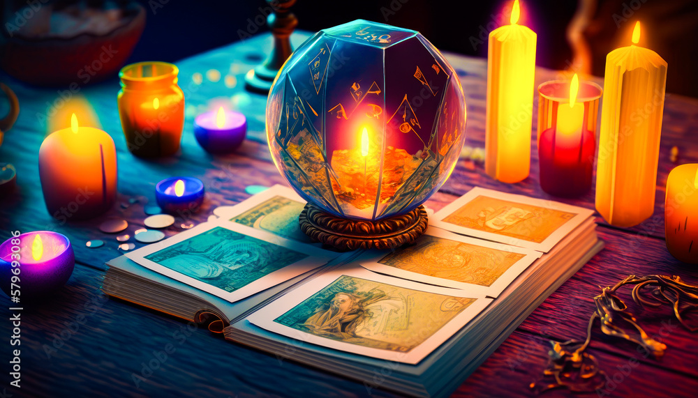 Poster an open book with candles and money on it. generative ai.