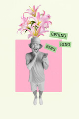 Poster banner creative collage of amazed young guy get notification smart cell flower deliver spring holidays gifts