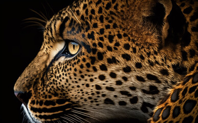 Naklejka na ściany i meble Portrait of a Leopard, close up isolated on black background. Illustrative generative AI.