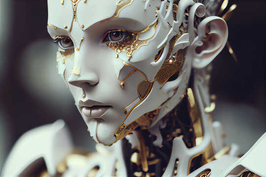 Futuristic AI Android robot. Beautiful female woman cyborg. Chat GPT Artificial Intelligence chatbot. Generative AI.