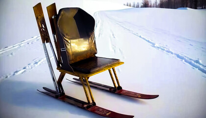 Chair made out of skis sitting in the snow. Generative AI. - obrazy, fototapety, plakaty
