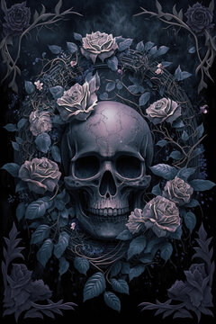 Gothic Skull with Black Roses Dark and Moody Artwork Skull PNG  |  AI Generated