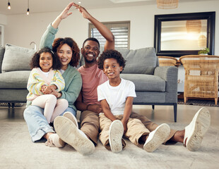 Family, portrait and protection, love and insurance for security with parents and children. Hands...