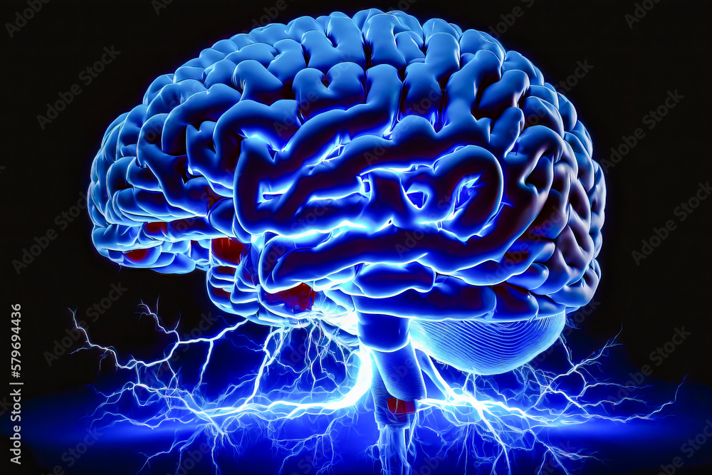 Poster blue brain with lightning coming out of it. generative ai.