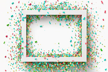 Splashing colorful confetti on frame on white background. AI generative.