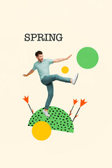 Creative cubism artwork template of happy young guy have walk on sunny fantastic spring day on...