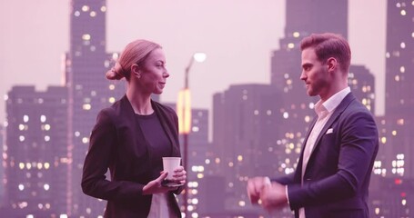 Metaverse cyberspace characters' artificial intelligence augment reality realistic business people couple walking on the street and talking. Young woman drinking coffee. - Powered by Adobe